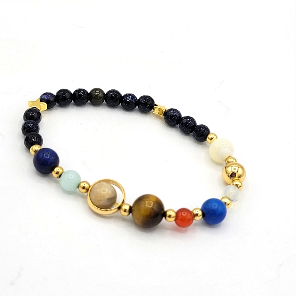 Solar System 8 Planet Natural Stone Bead Galaxy Astronomy Stretch Bracelet